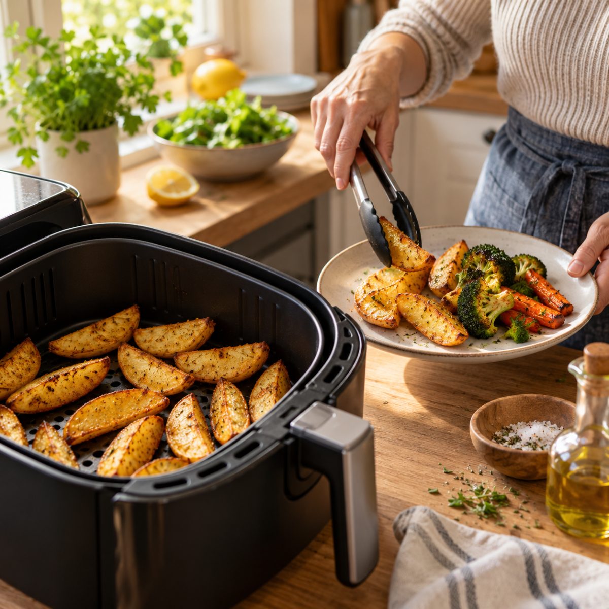 An open unbranded air fryer basket with evenly spaced golden potato wedges and a plate of finished crisp vegetables beside it